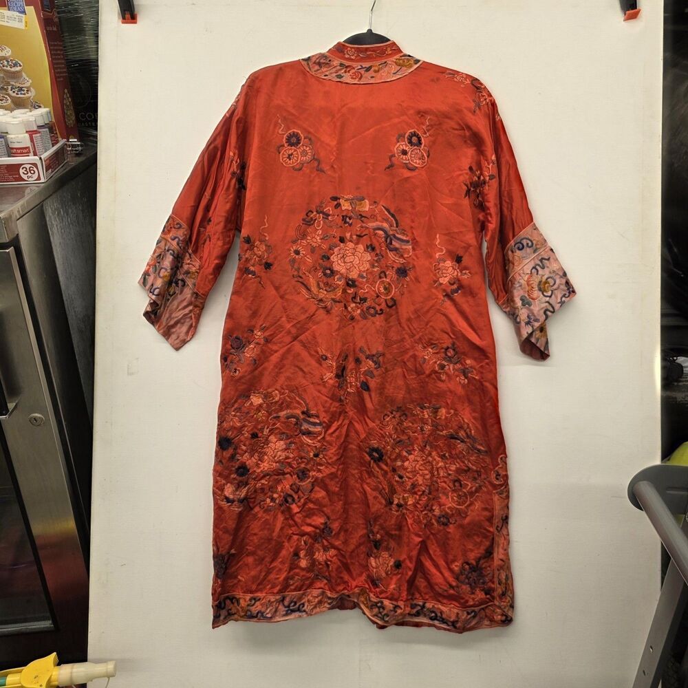 Red Asian Satin Kimono Vintage Mid Length Embroidered Pattern Button Down Flaw m - Picture 6 of 13